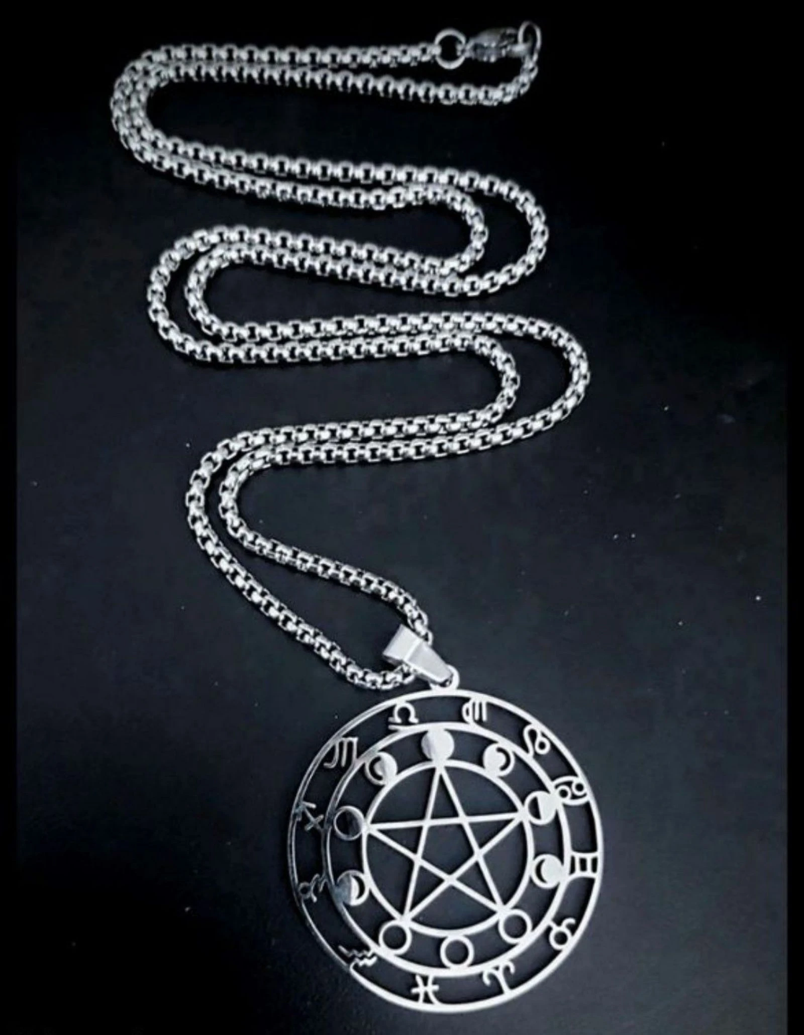 Esoterisch Pentakel Maan Zodiak Medaille Ketting - Killstar Roestvrij staal – photo 2